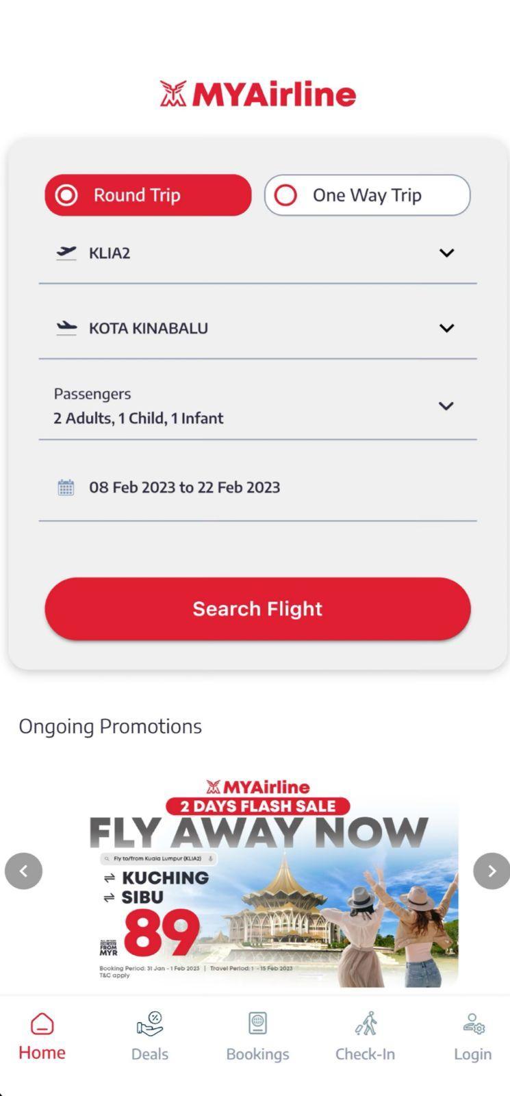 MyAirline flight booking screen supplied in the portfolio